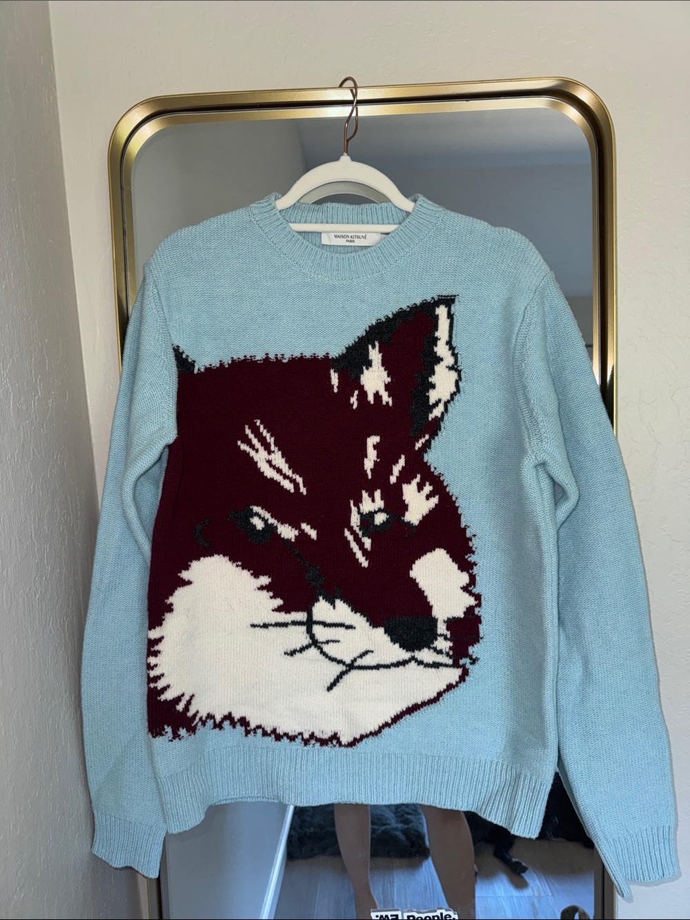 MAISON KITSUNE Light Blue Fox Intarsia Crewneck Sweater
